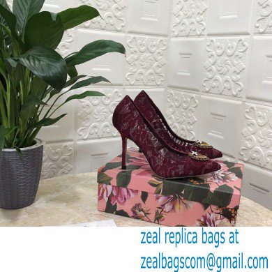 Dolce  &  Gabbana Heel 10.5cm Taormina Lace Pumps Burgundy with Devotion Heart 2021